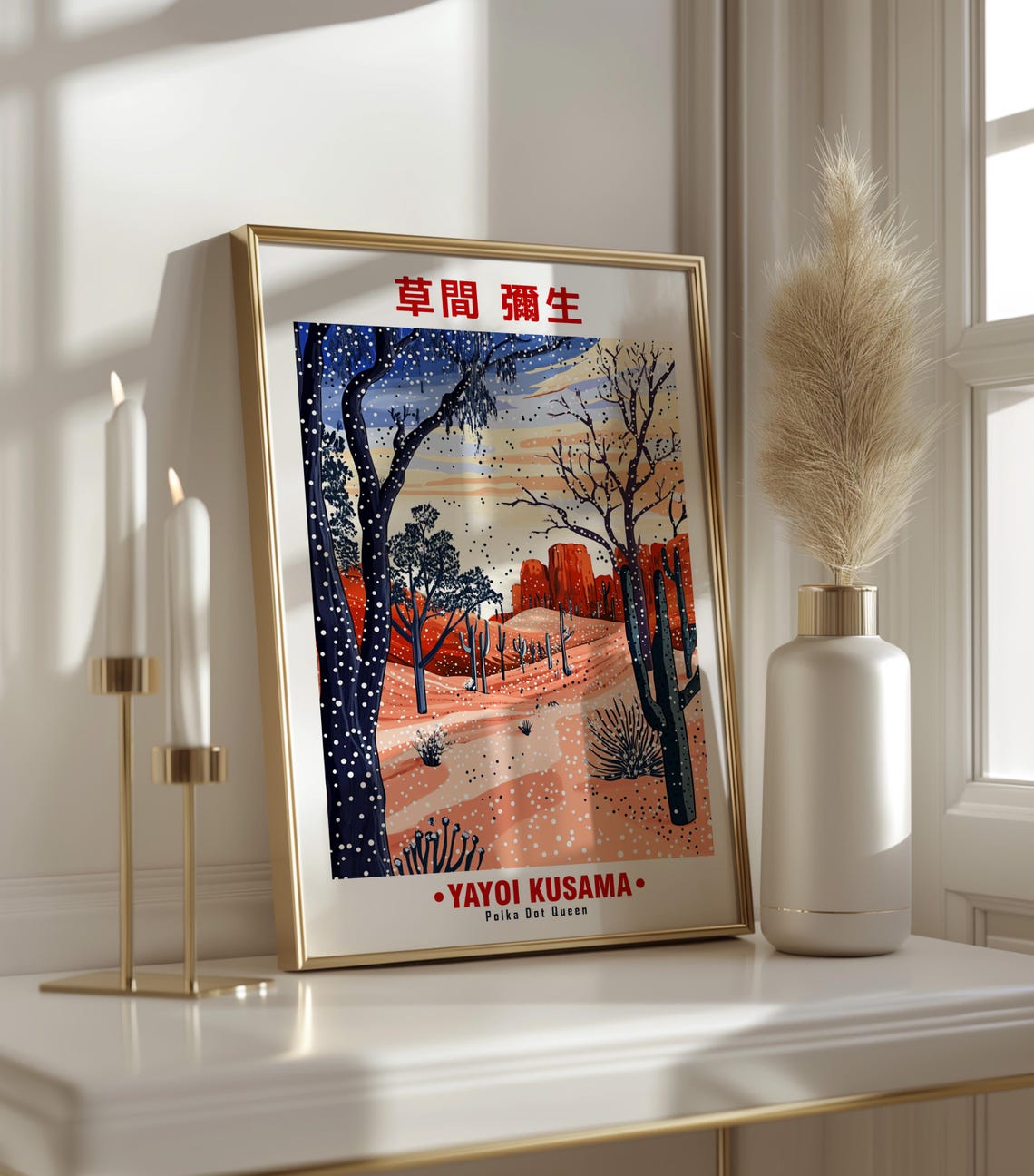 Red Desert Sunset Dotted Trees Cactus Yayoi Kusama Inspired Poster - Image 3