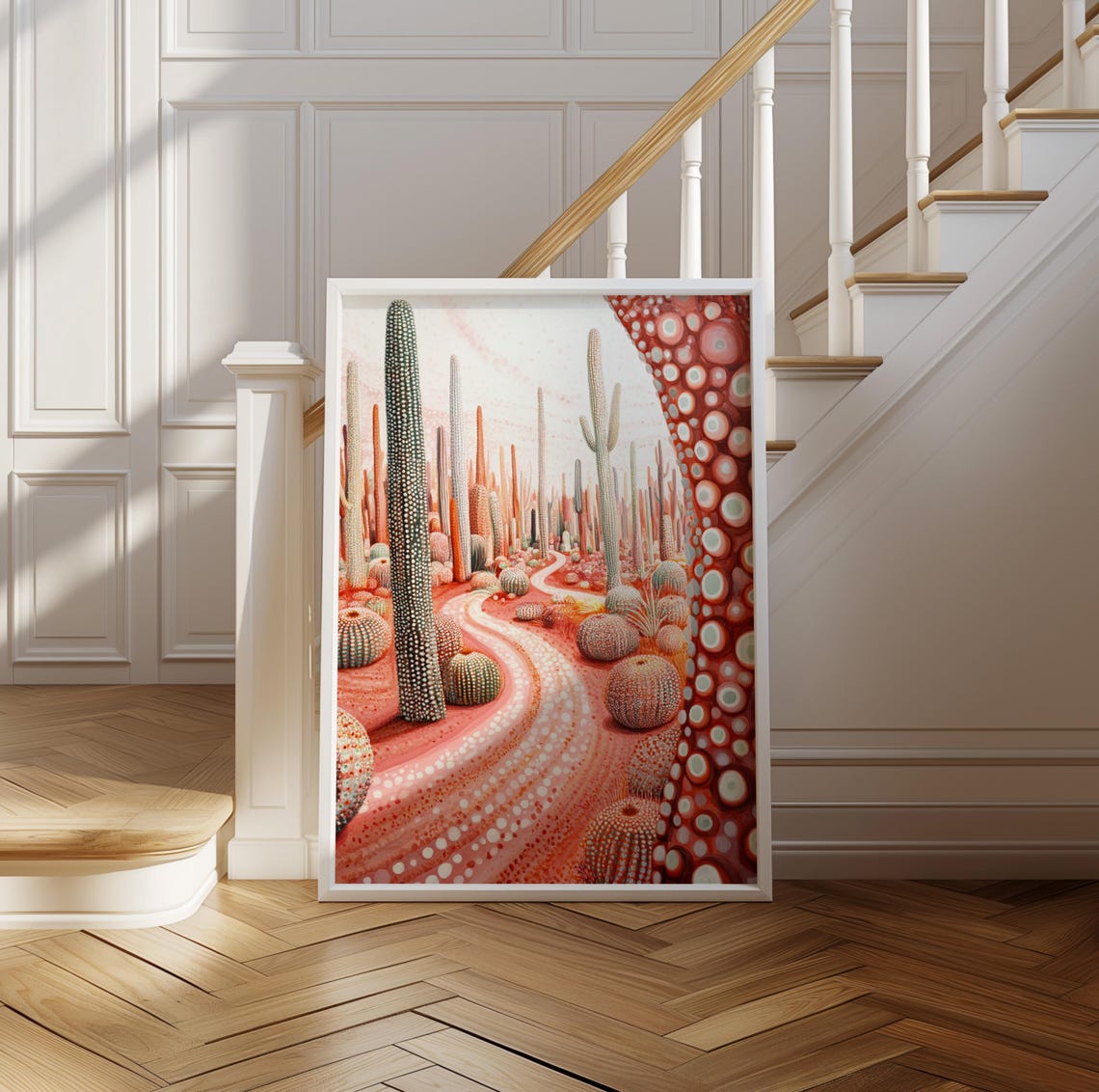 Pink Cactus Canyon Path in Surreal Kusama Dot Art Style Poster - Image 2