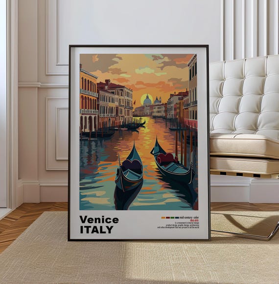Venice Italy Mid Century Modern Architecture Art Print Retro Minimalist City Poster With Geometric Design Bold Mid Century Print