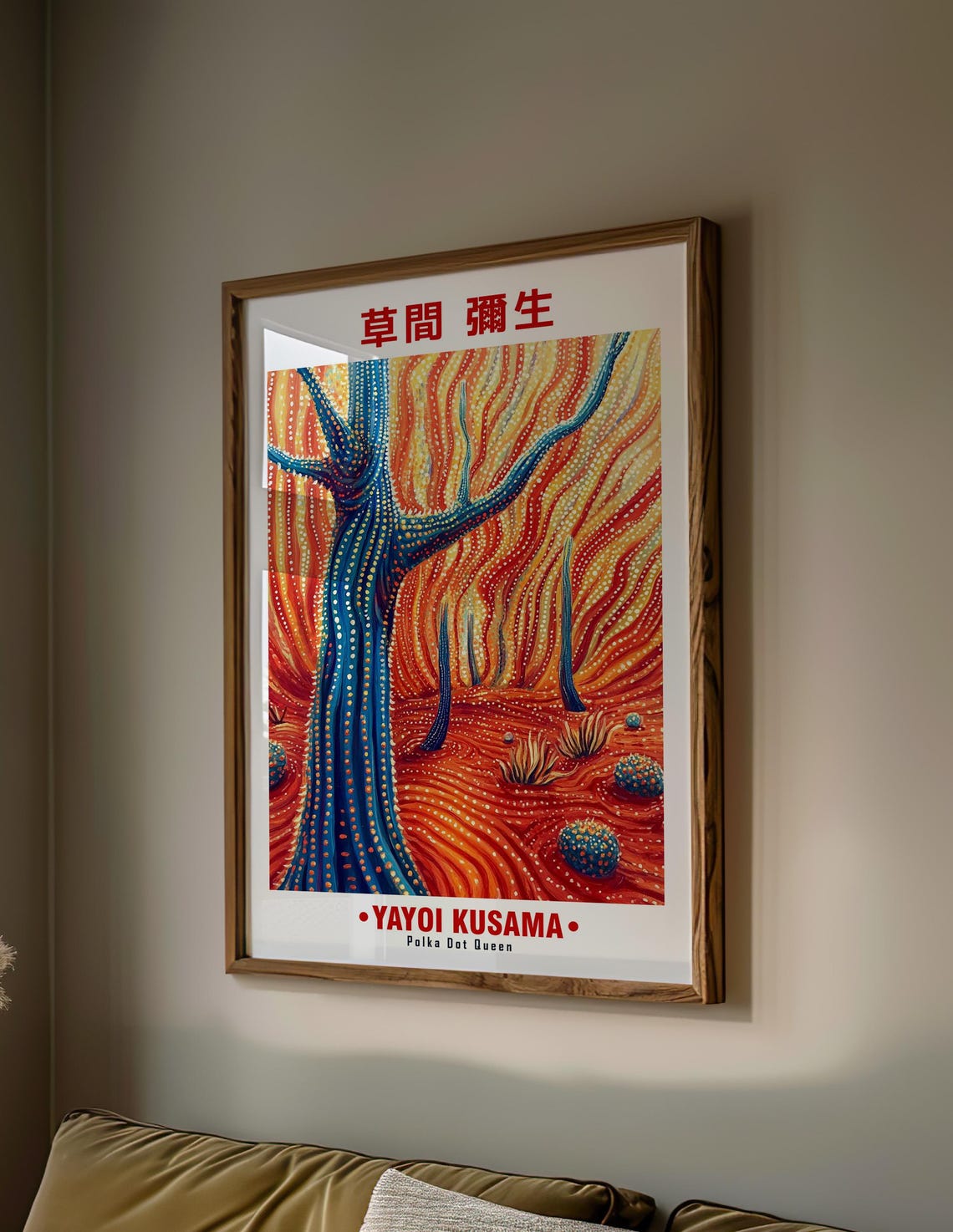 Striking Blue Dotted Tree Red Swirl Desert Kusama Inspired Poster - Image 2