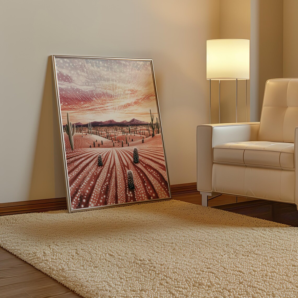 Cactus Desert Sunset Landscape in Red Polka Dot Art Style Poster - Image 3
