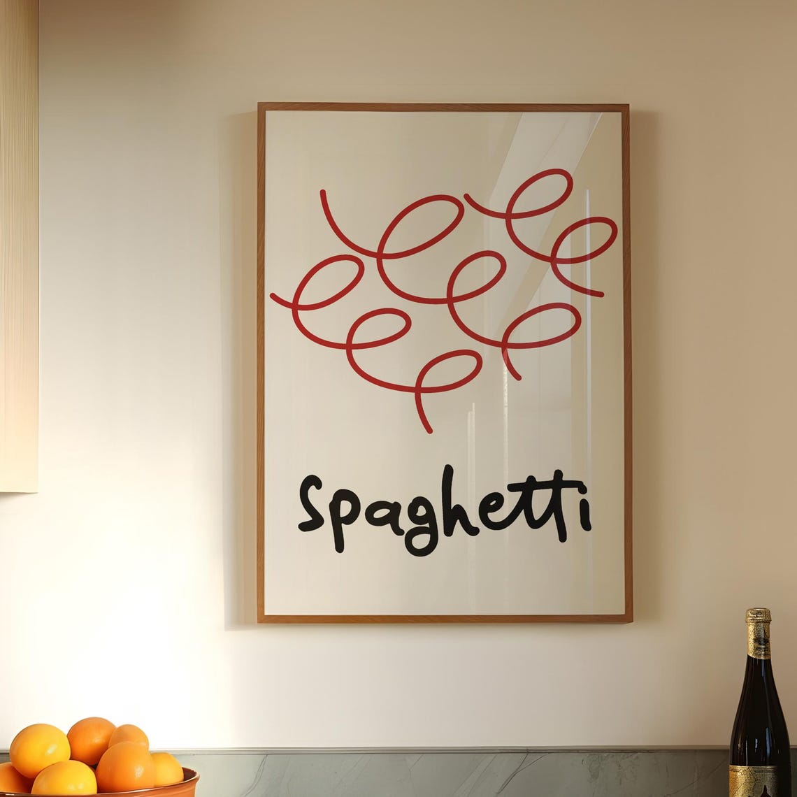 Spaghetti Minimalist Red Line Art Italian Kitchen Dining Poster