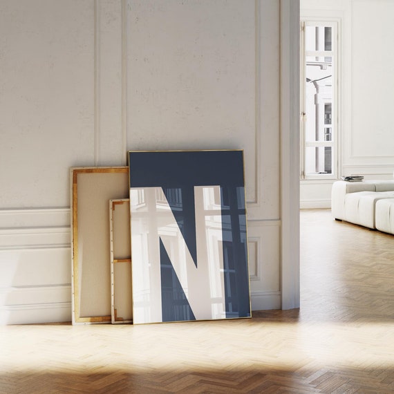 Navy Blue Letter N Print Bold Capital Initial Wall Art Monogram Poster For Nurserydormkidsapartment