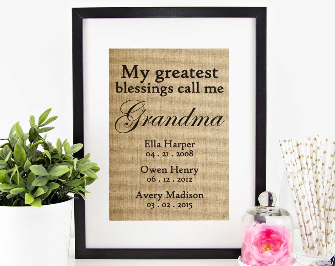 My Greatest Blessings Call Me Grandma Kids Dates Burlap Gift Poster
