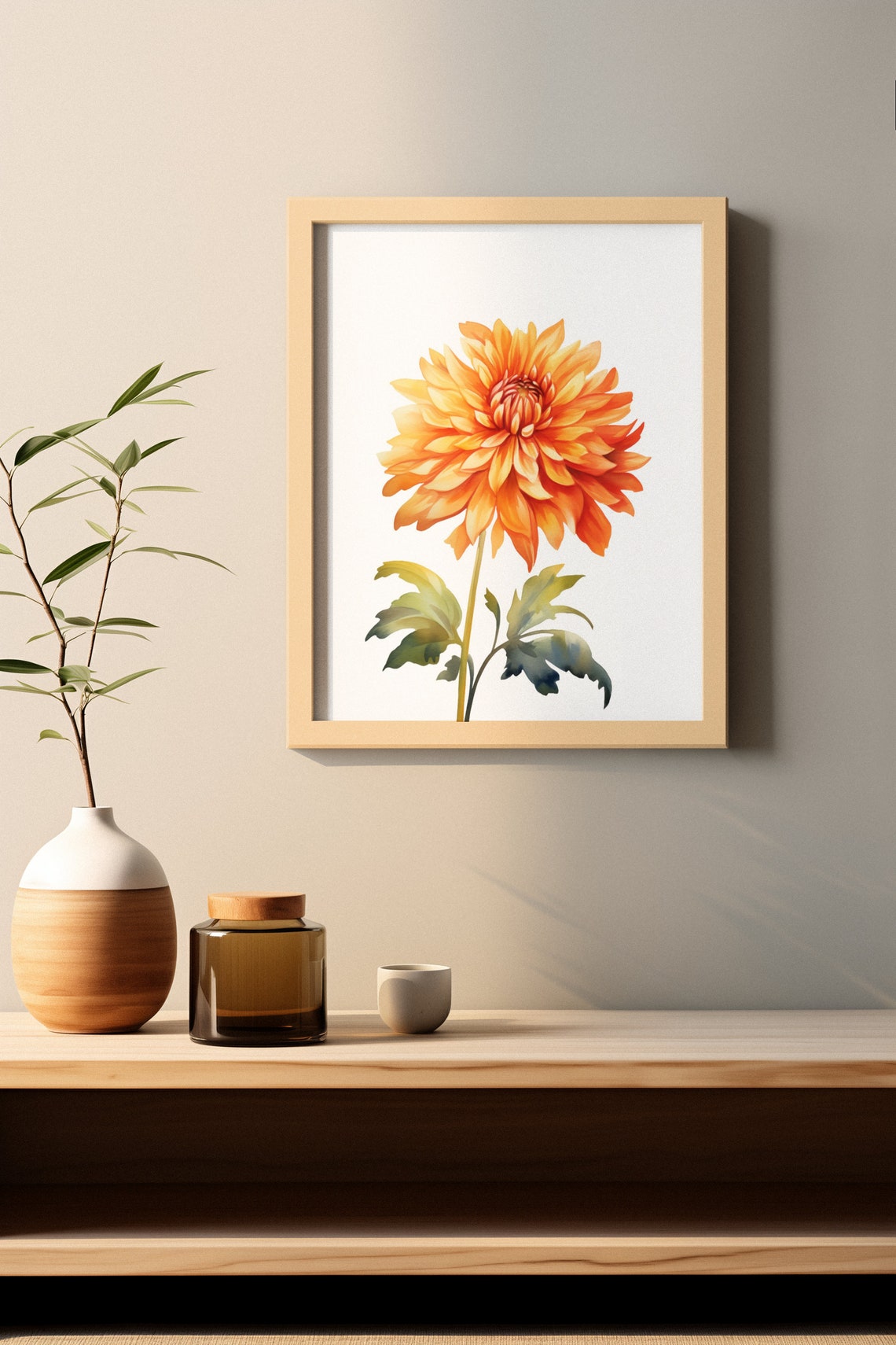 Vivid Orange Dahlia Single Bloom Watercolour Botanical Poster - Image 3