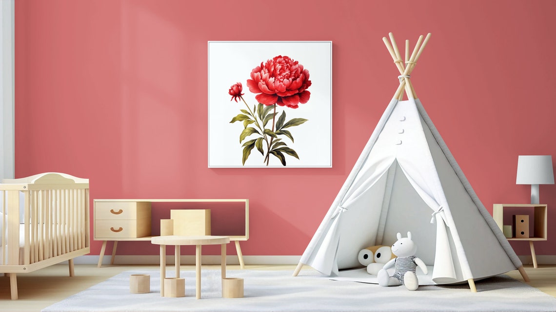 Red Peony Bloom with Bud Watercolour Botanical Flower Poster - Image 3