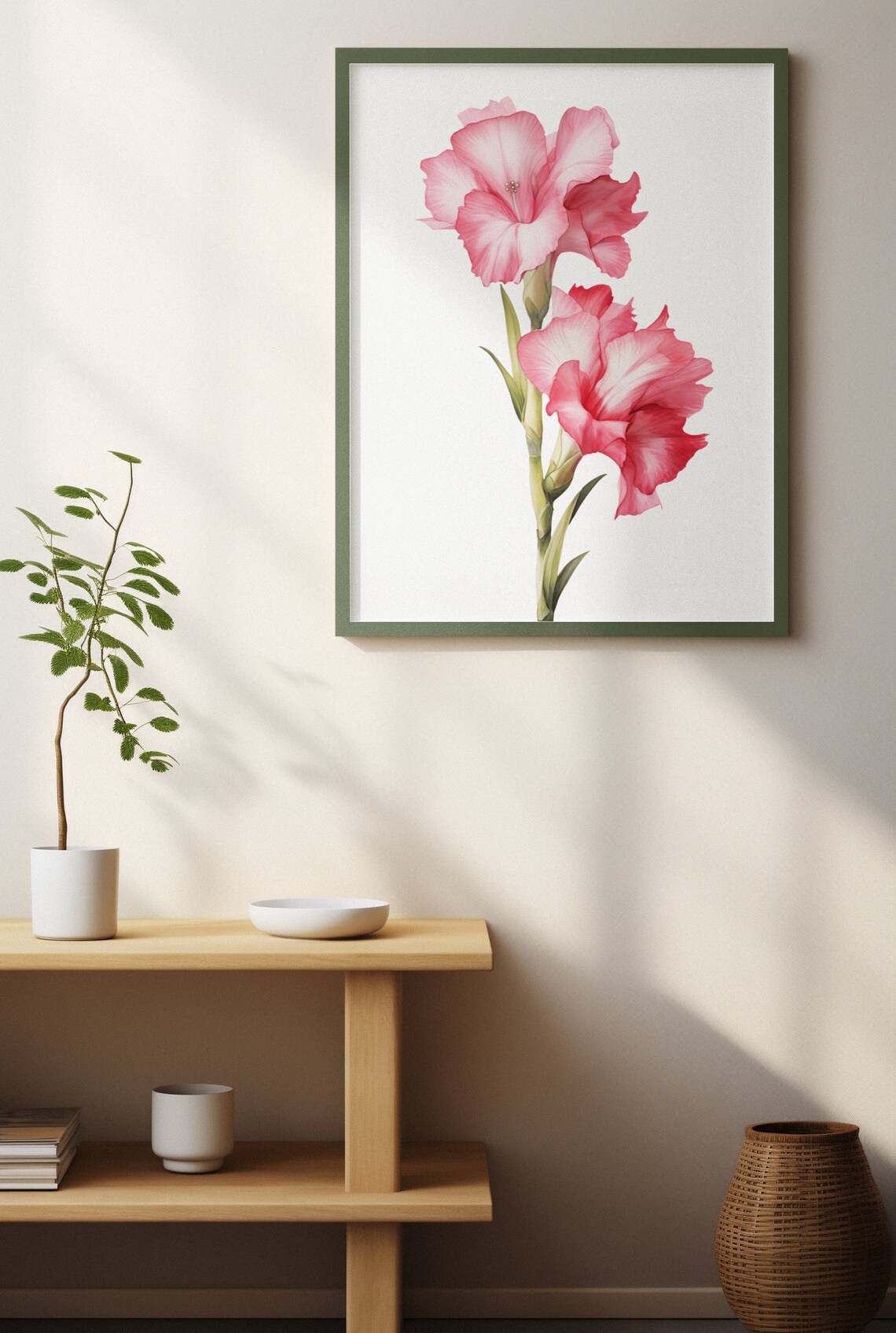 Pink Gladiolus Twin Blooms Watercolour Botanical Flower Poster - Image 3