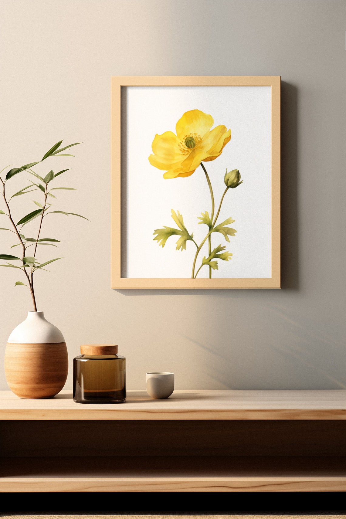 Yellow Buttercup Single Bloom Minimalist Modern Watercolor Poster - Image 2