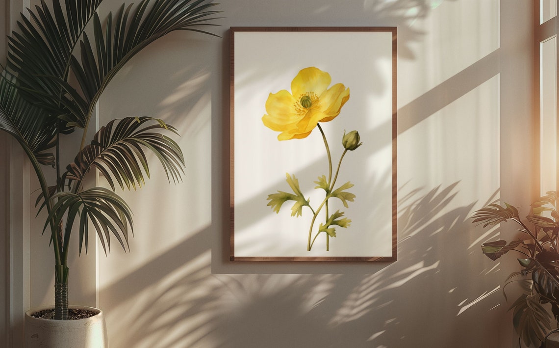 Yellow Buttercup Single Bloom Minimalist Modern Watercolor Poster - Image 5