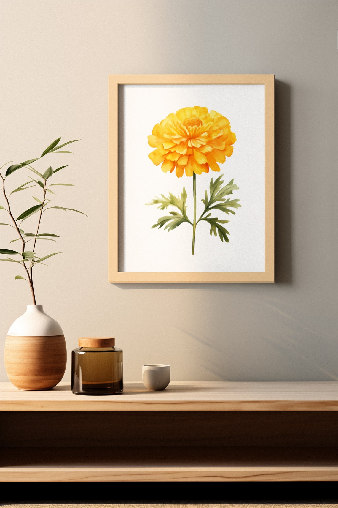 Yellow Marigold Pompon Bloom Watercolour Botanical Flower Poster - Image 4
