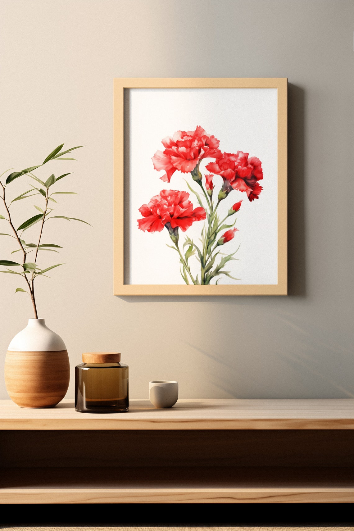 Red Carnation Cluster With Buds Lively Watercolor Art Poster - Image 2