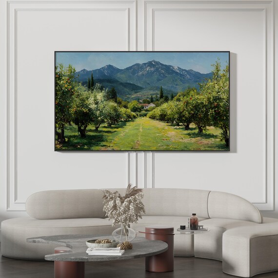 Valley Orchard Landscape Painting Poster Fruit Trees Mountain View Art