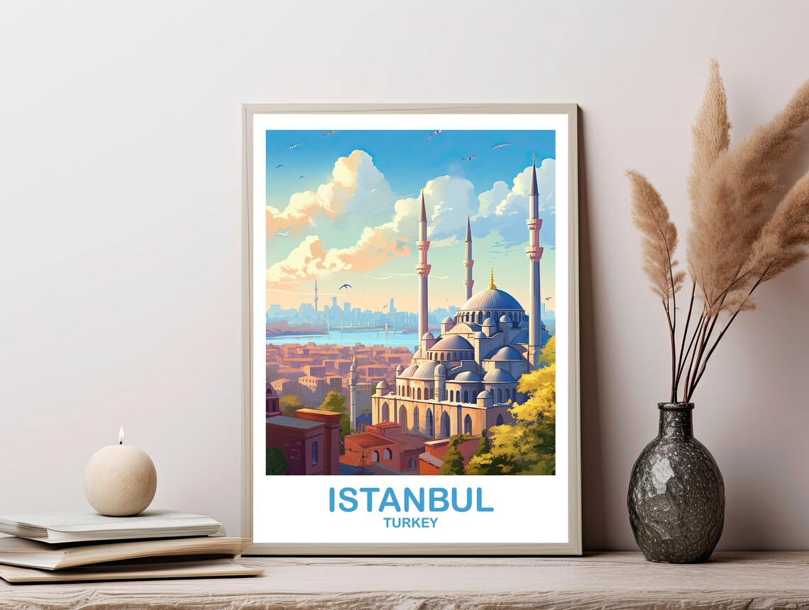 Istanbul Turkey Blue Mosque Skyline Vintage Style Travel Art Poster - Image 3
