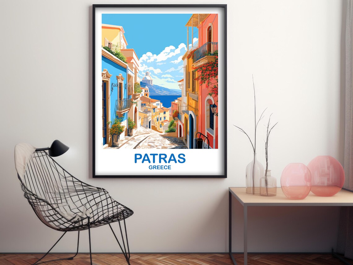 Patras Greece Old Town Street Travel Poster With Colorful Houses Scene