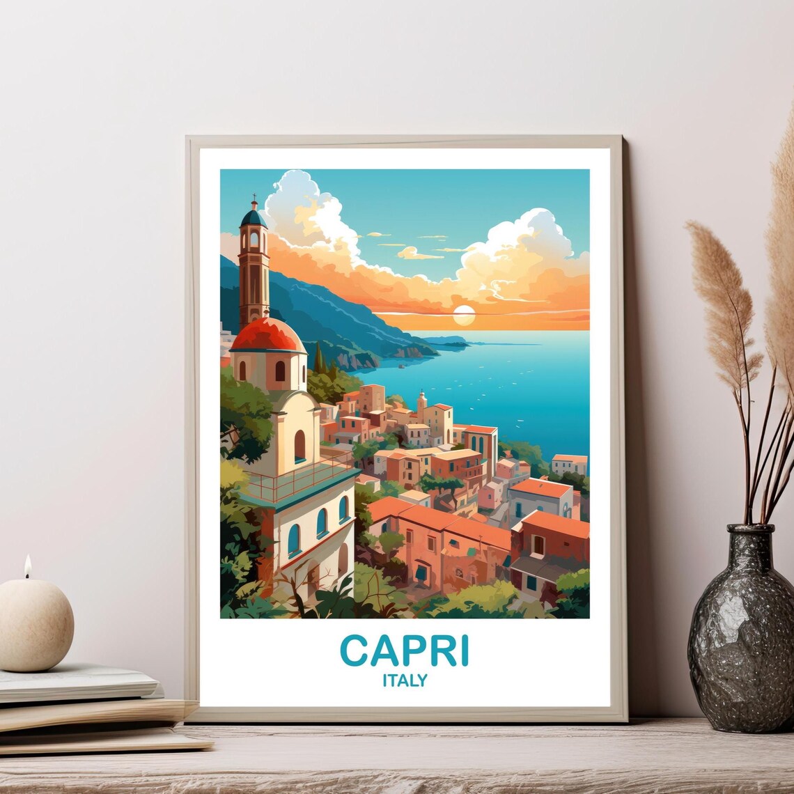 Capri Italy Coastal Village Sunset Church Tower Seaside Poster