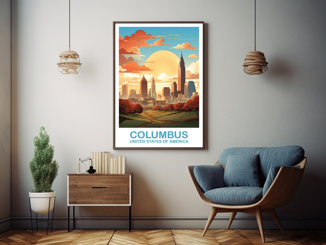 Columbus Ohio City Sunset Skyline Retro Vintage Travel Poster - Image 3