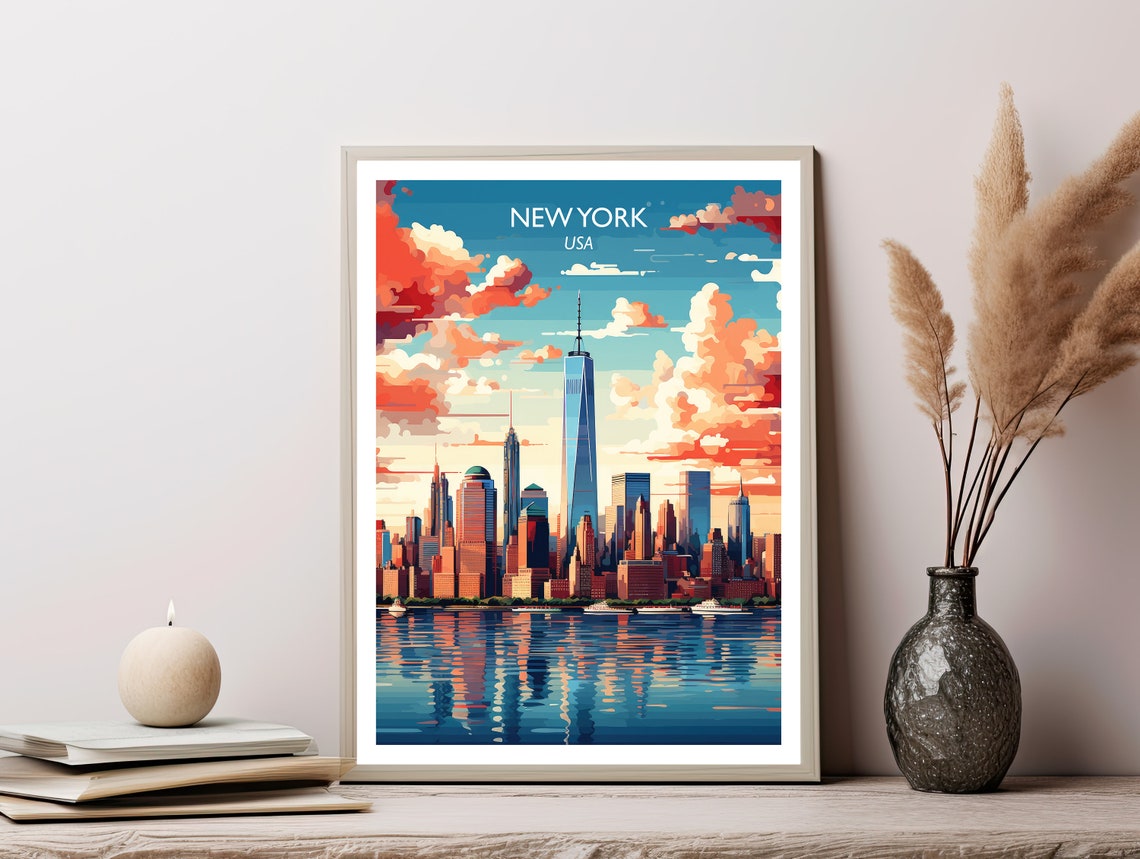 New York City Skyline Sunset Harbor Boats Vintage Travel Art Poster - Image 2
