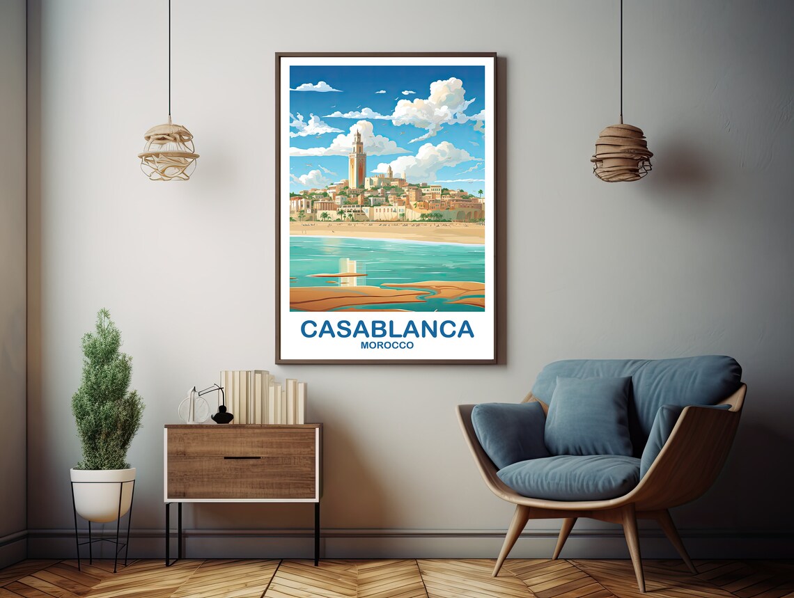 Casablanca Morocco Beachfront Old Town Minaret Travel Art Poster - Image 2