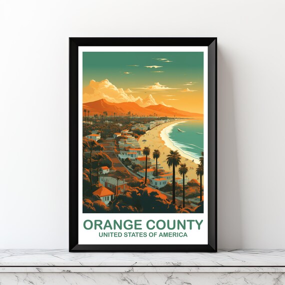 Orange County California Sunset Beach Coast Vintage Travel Poster