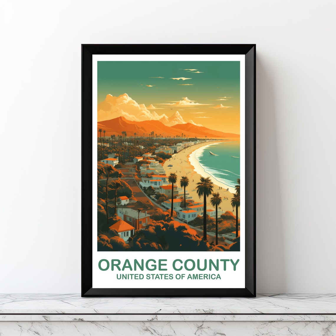 Orange County California Sunset Beach Coast Vintage Travel Poster