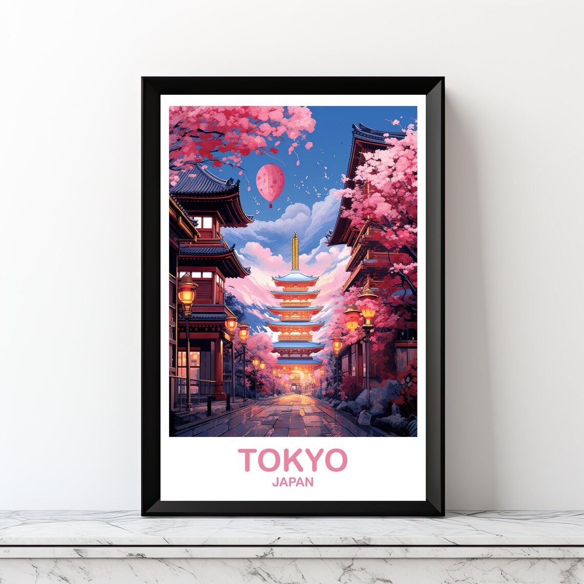 Tokyo Japan Cherry Blossom Pagoda Street Lantern Travel Poster