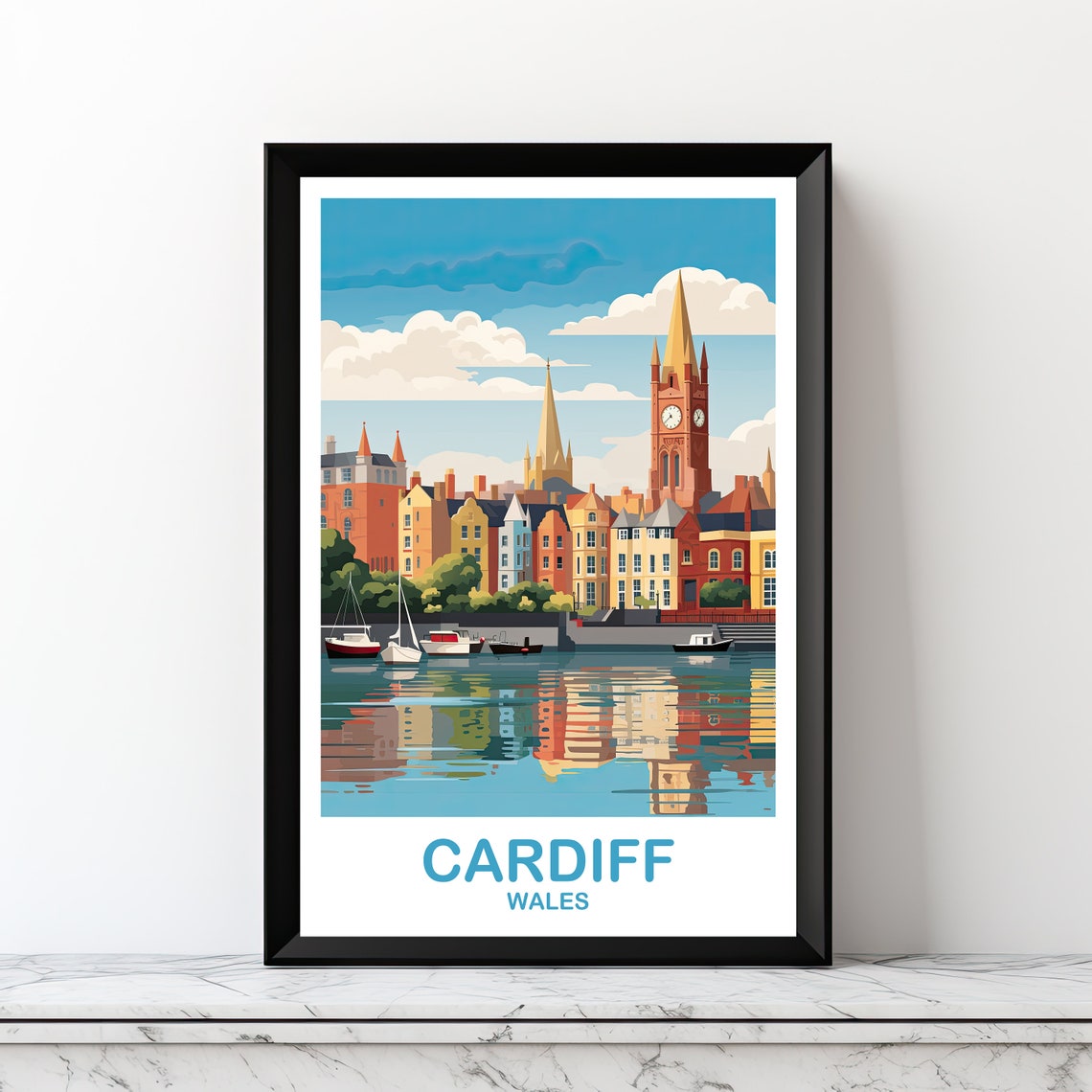Cardiff Wales Harbor Boats Clock Tower Reflection Travel Art Poster