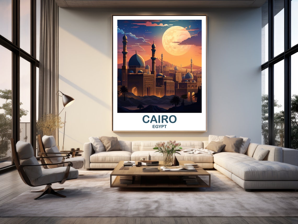 Cairo Egypt Moonlit Mosque Skyline with Giant Moon Travel Poster - Image 3