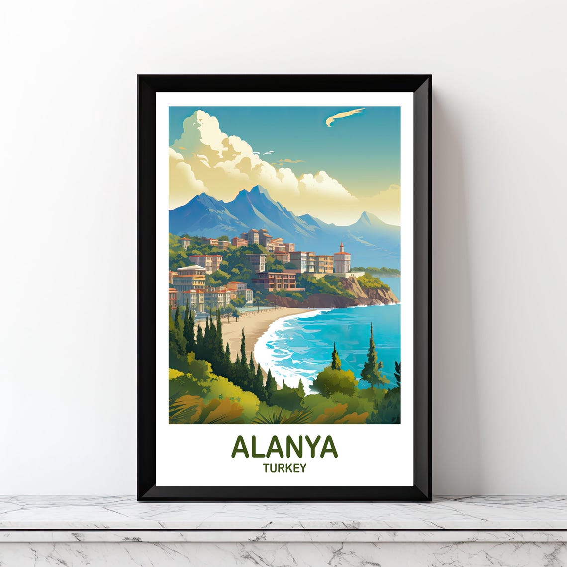 Alanya Turkey Beach Resort Mountain Coastline Vintage Travel Poster