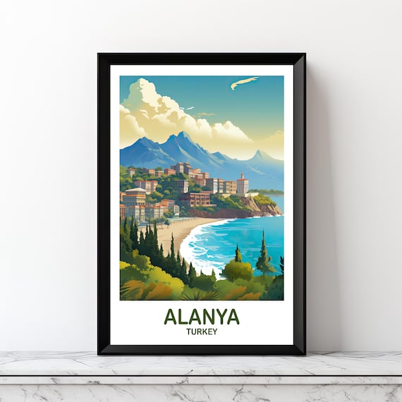 Alanya Turkey Beach Resort Mountain Coastline Vintage Travel Poster
