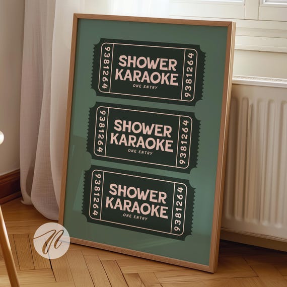 Bathroom Wall Art Shower Karaoke Ticket Poster Sage Green Pink Funny Preppy Decor