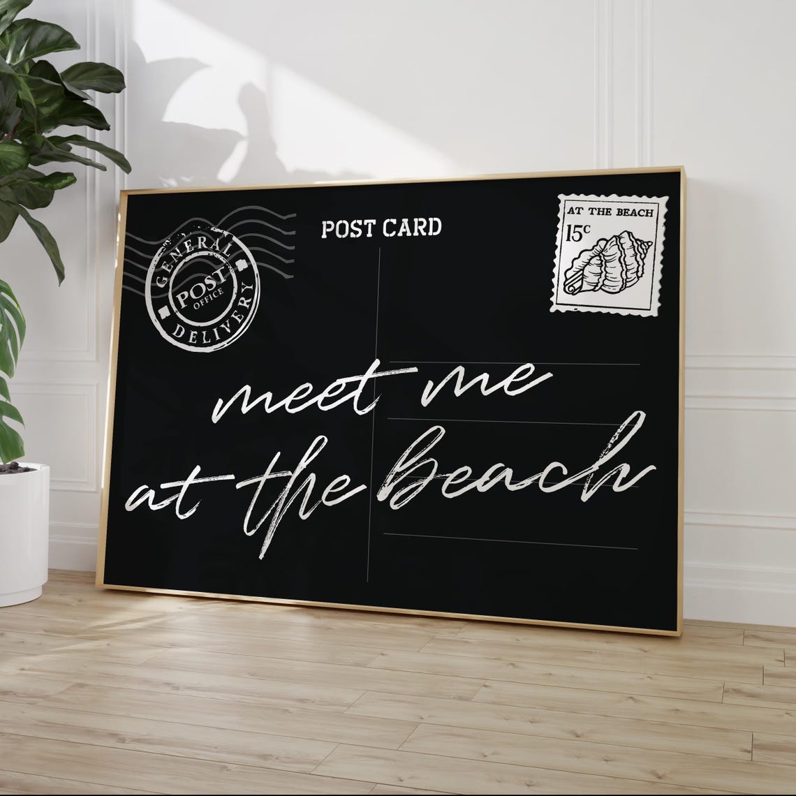 Meet Me At The Beach Black Postcard Typography Coastal Poster