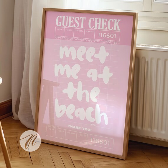 Meet Me At The Beach Pink Guest Check Bubbly Coastal Typography Poster