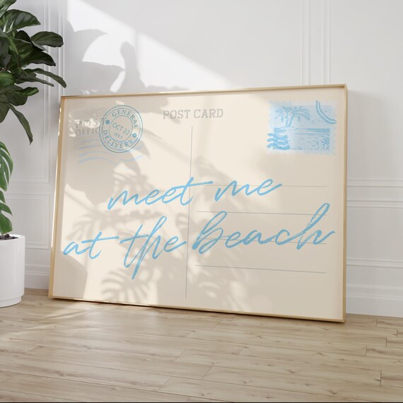 Meet Me at the Beach Script Postcard Typography Coastal Poster in Blue