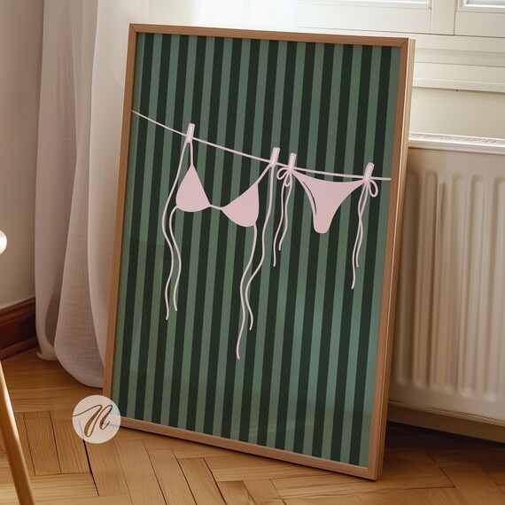 Pink Bikini Line Art Hanging On Dark Green Striped Background Poster