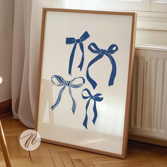Navy Blue Bows Preppy Wall Art, Coquette Decor