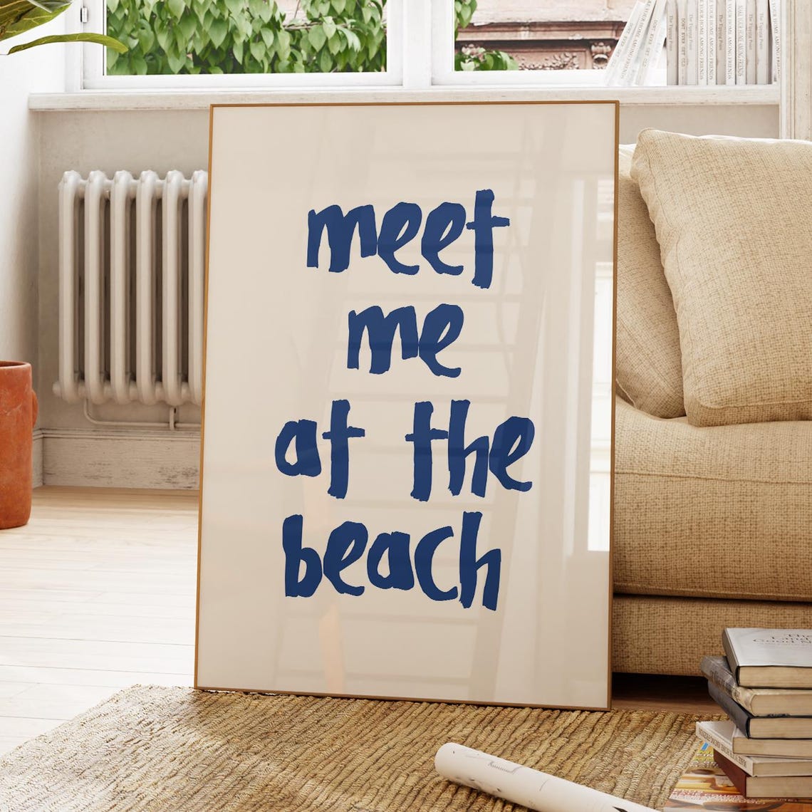 Meet Me at the Beach Navy Brush Lettering Coastal Quote Poster