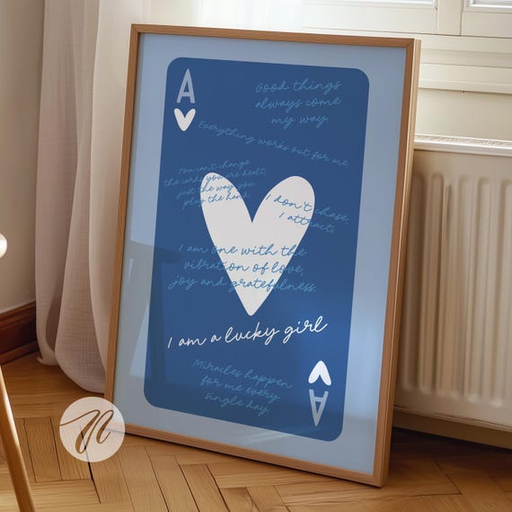 Trendy Blue Wall Art Prints Lucky Girl Syndrome Ace Of Hearts Card Poster Navy Coastal Bar Cart Preppy Funky Apartment Decor