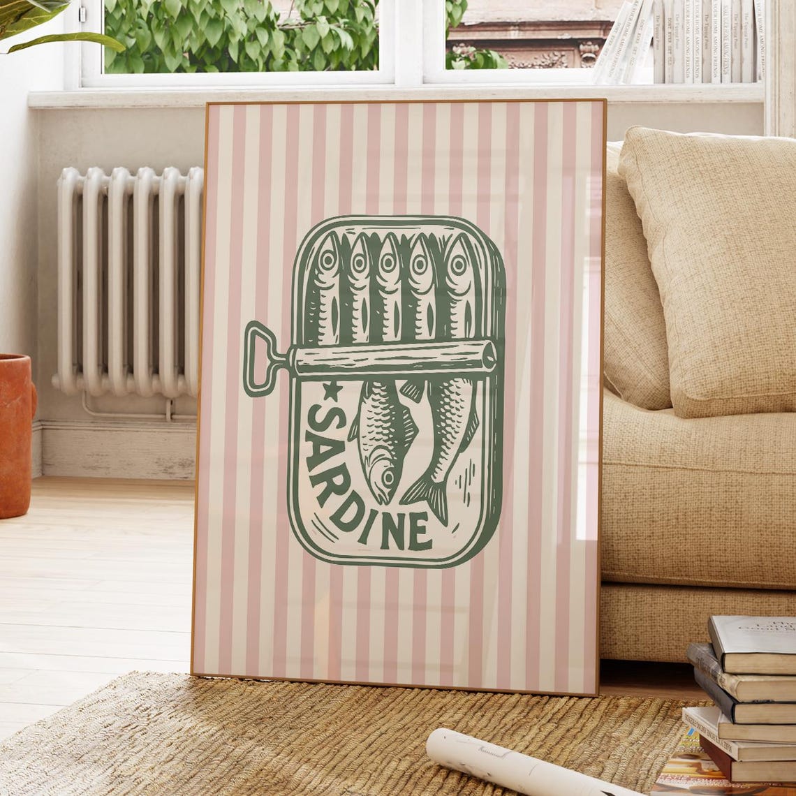 Retro Sardine Tin Fish Illustration Pink Striped Kitchen Wall Art