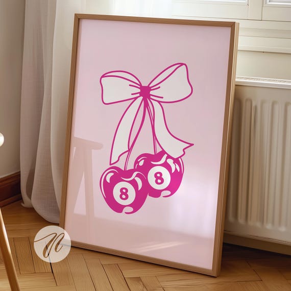 Pink 8 Ball Cherry Bow Poster Hand Illustrated Wall Art Prints Trendy Preppy Room Coquette College Apartment Decor