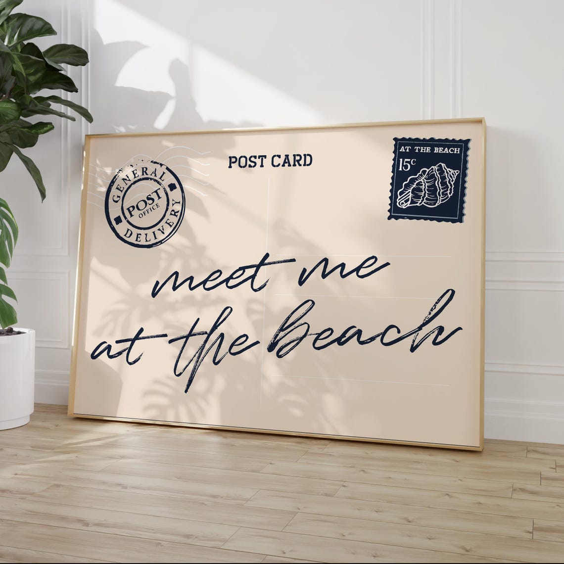 Meet Me At The Beach Vintage Postcard Navy Script Coastal Poster