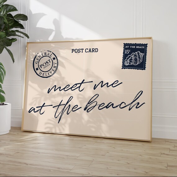 Meet Me At The Beach Vintage Postcard Navy Script Coastal Poster
