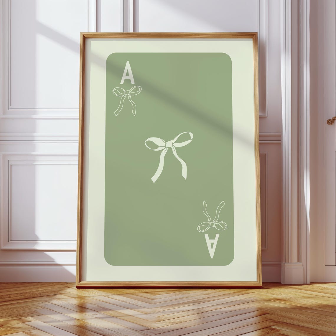 Sage Green Ace Playing Card With Delicate Bows Minimalist Wall Art
