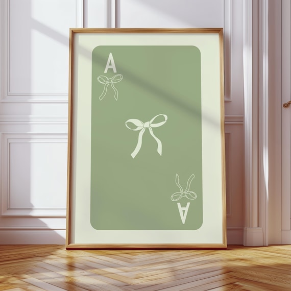 Sage Green Ace Playing Card With Delicate Bows Minimalist Wall Art