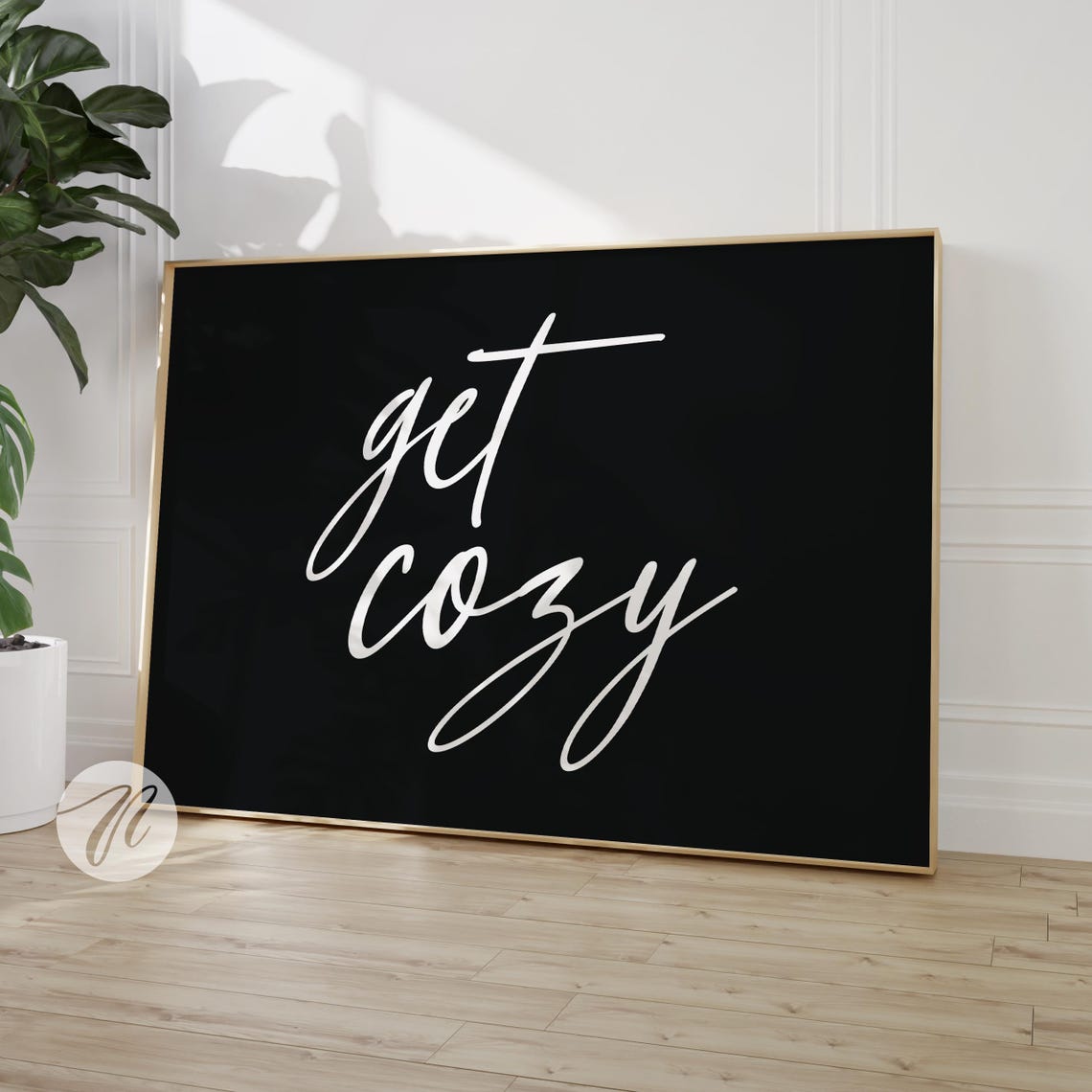 Get Cozy White Handwritten Script on Black Background Quote Poster