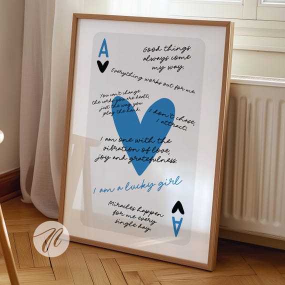 Lucky Girl Syndrome Ace Of Hearts Playing Card Poster Trendy Blue Wall Art Prints Cute Affirmations Decor Preppy Apartment Print