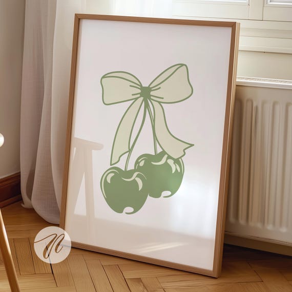 Sage Green Cherry Bow Print Coquette Decor Trendy Preppy Wall Art Old Money College Apartment Girly Room