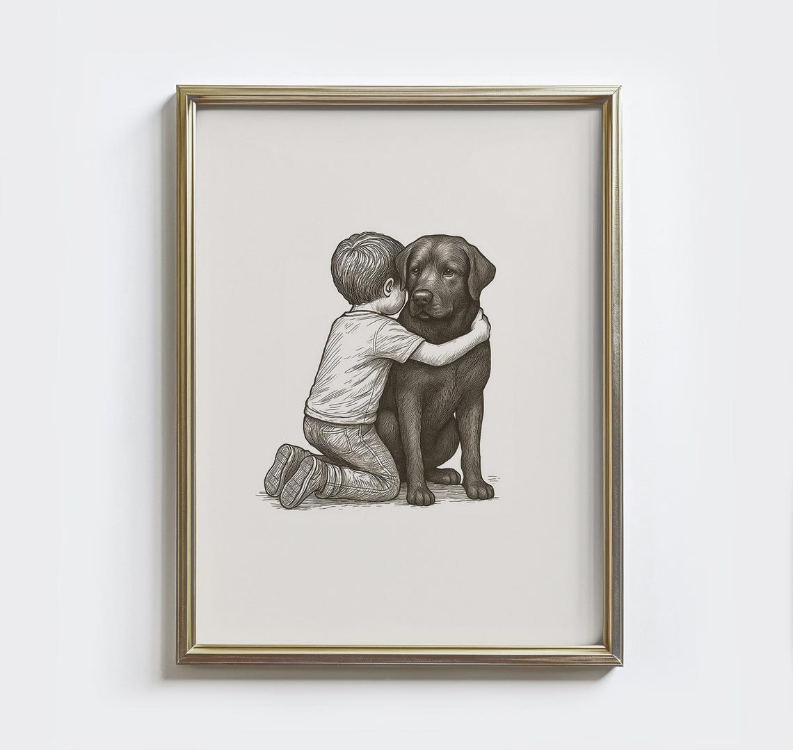 Boy Hugging Labrador Vintage Sketch Dog Lover Heartwarming Art Poster