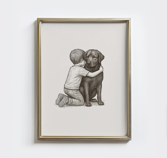 Boy Hugging Labrador Vintage Sketch Dog Lover Heartwarming Art Poster