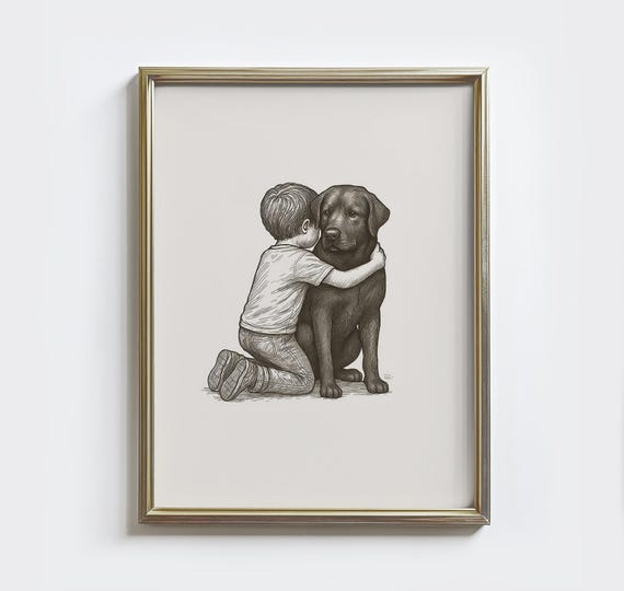 Labrador And Boy Vintage Sketch Print Black Lab Dog Drawing Art Nursery Wall Decor