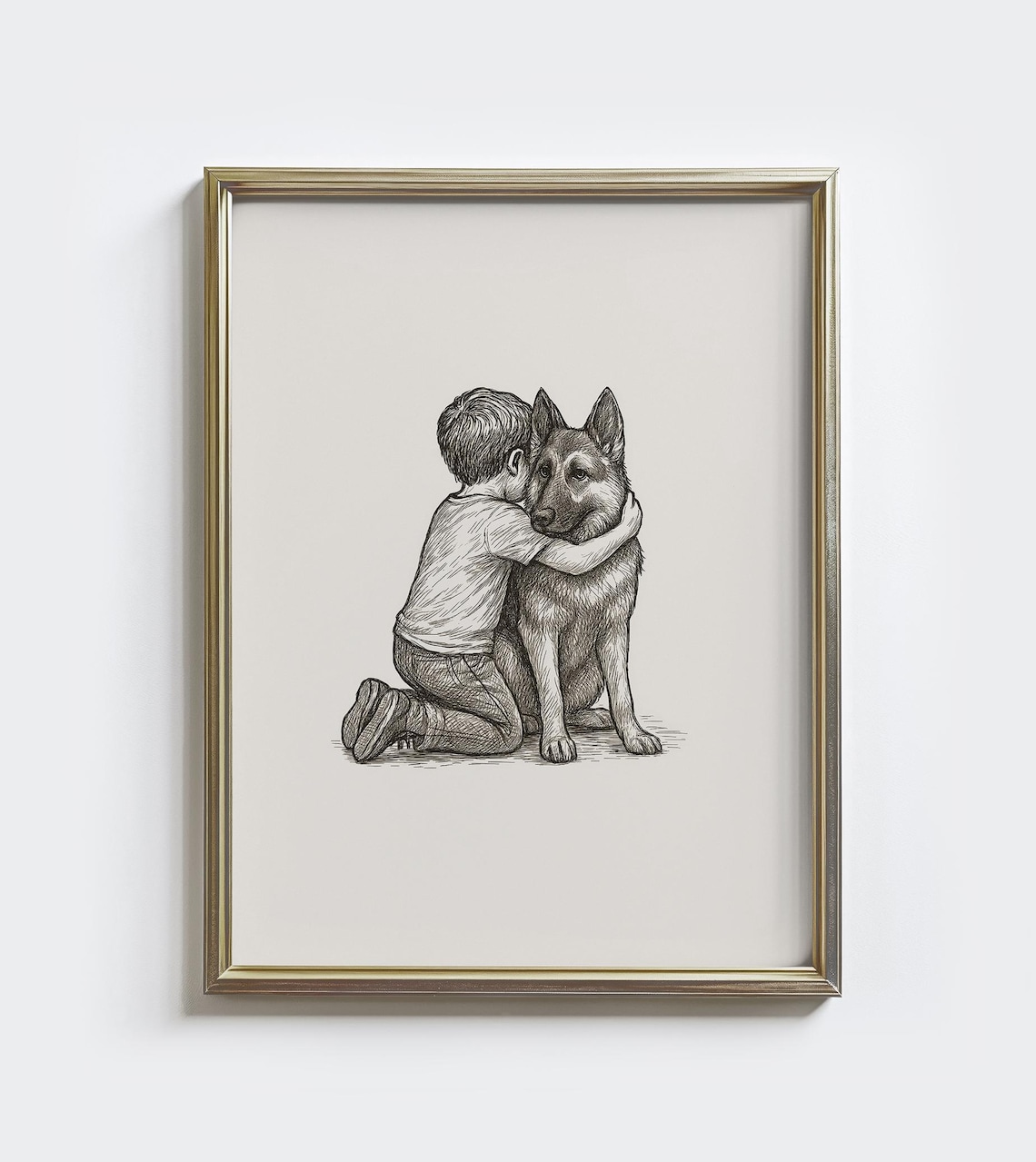 Boy Hugging German Shepherd Dog Tender Pen Sketch Art Poster
